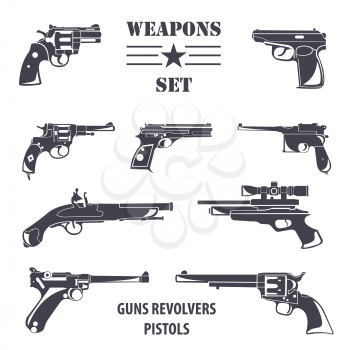 Firearm set. Guns, pistols, revolvers. Flat design. Vector illustration