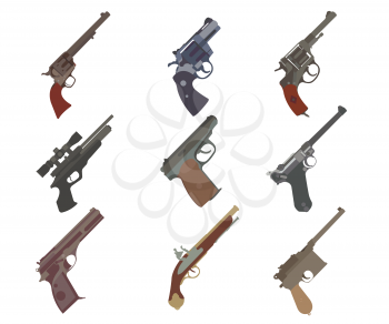 Firearm set. Guns, pistols, revolvers. Flat design. Vector illustration