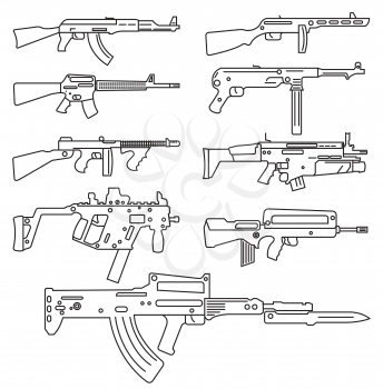 Firearm set. Automatic rifle, machine gun. Outline linear version. Vector illustration