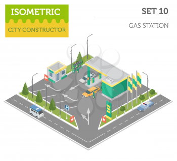 Flat 3d isometric Gas station and city map constructor elements such as building, filling equipment, refuelers, transport isolated on white. Build your own infographic collection. Vector illustration