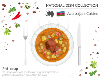 Azerbaijani Cuisine. Caucasian national dish collection. Piti soup isolated on white, infograpic. Vector illustration