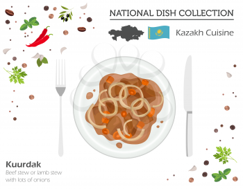 Kazakh Cuisine. Asian national dish collection. Kuurdak isolated on white, infograpic. Vector illustration
