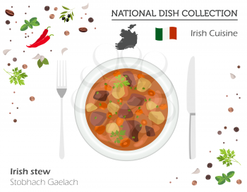 Irish Cuisine. European national dish collection. Irish stew  isolated on white, infographic. Vector illustration