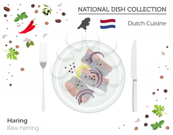 Dutch Cuisine. European national dish collection.  Raw herring isolated on white, infographic. Vector illustration