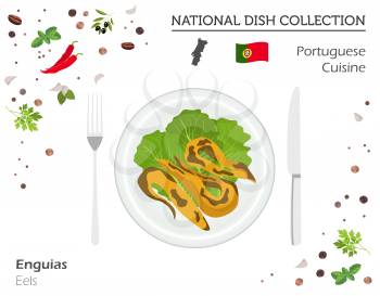 Portuguese Cuisine. European national dish collection. Eels isolated on white, infographic. Vector illustration