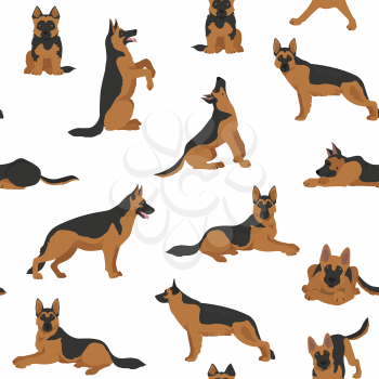 German shepherd dogs in different poses. Shepherd characters seamless pattern.  Vector illustration