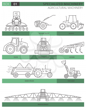 Special agricultural machinery linear vector icon set isolated on white. Illustration