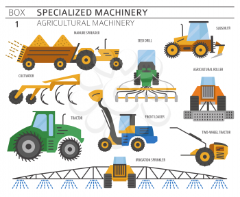Special agricultural machinery colored vector icon set isolated on white. Illustration