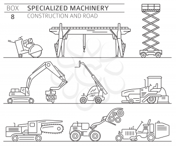 Special industrial construction and road machine linear vector icon set isolated on white. Illustration