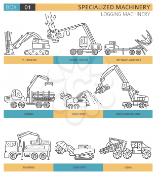 Special industrial logging machine linear vector icon set isolated on white. Illustration