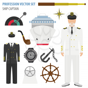 Profession and occupation set. Ship captain suit and equipment. Uniform flat design icon. Vector illustration 