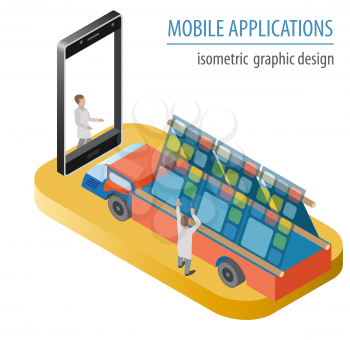 Mobile applications technology isometric collection. Software development and installation. Vector illustration