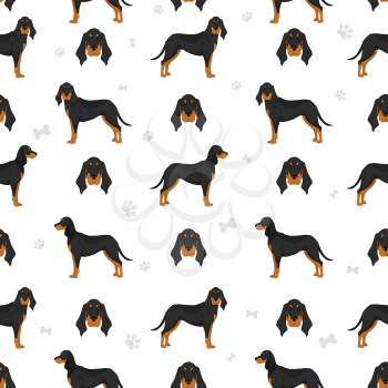 Black and tan coonhound seamless pattern. Different coat colors and poses set.  Vector illustration