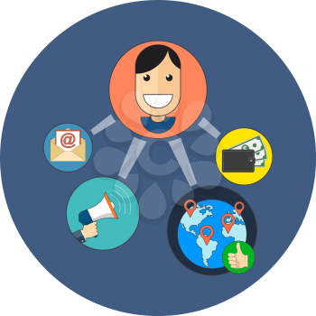 Referral marketing concept. Flat design. Icon in blue circle on white background
