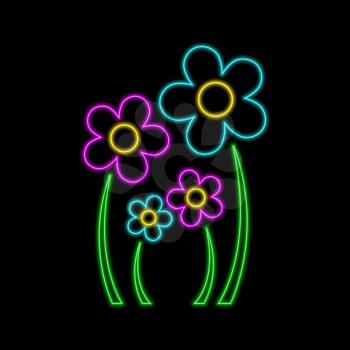 Flowers neon sign. Family concept. Bright glowing symbol on a black background. Neon style icon. 
