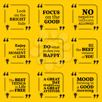 Set of motivational quotes about positive thinking, optimism, happiness and good mood. Simple note design typography poster. Vector illustration