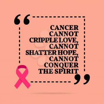 Inspirational motivational quote. Cancer cannot cripple love, cannot shatter hope, cannot conquer the spirit. With pink ribbon, breast cancer awareness symbol