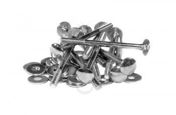 A handful of the mounting bolts and washers isolated on a white background