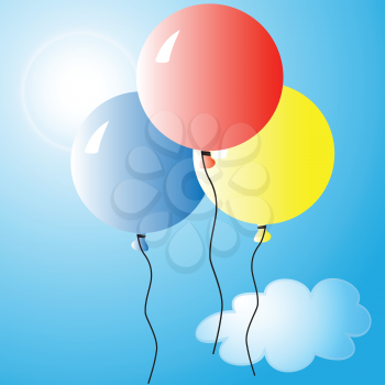 Illustration of balloons against the sky, clouds and sun
