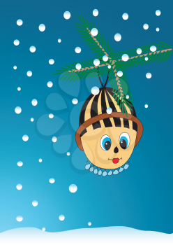 Christmas background with a tree branch, a toy and a falling snow