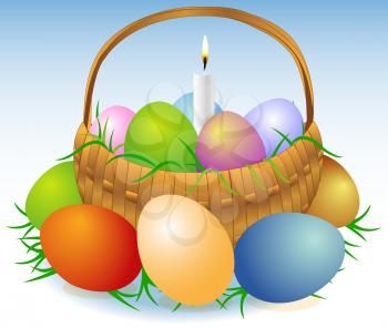 Illustration of an Easter basket with colored eggs, greens and burning candle