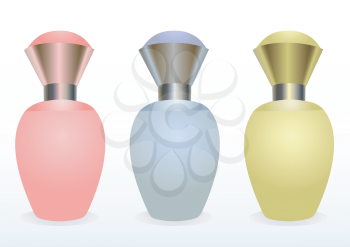 Illustration of a set from three small bottles of female perfumery of different colors