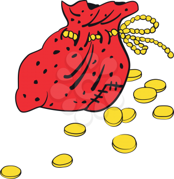 Illustration cartoon bag of coins were scattered on a white background