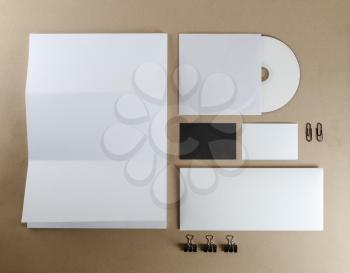 Blank corporate identity set on a table. Top view.