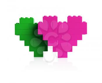 Two hearts on white background. Pink ang green colors.