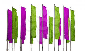 Several flagpoles with vertical green and purple flags