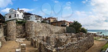 SOZOPOL, BULGARIA, SEPTEMBER 03, 2014: View of the old town Sozopol in Bulgaria. Fortress wall and towers architectural and historic complex. Sozopol was founded in the 7th century BC by greek colonis