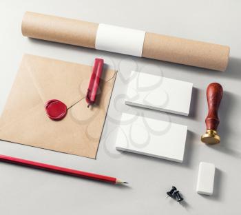 Vintage stationery set on paper background. Blank corporate identity elements. Branding template. Blank objects for placing your design.