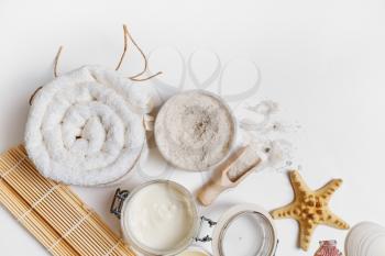 Spa theme objects on white paper background. Beauty threatment concept. Flat lay.