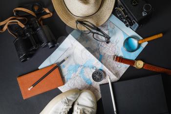 Outfit of traveler. Essential vacation items. Travel concept background. Flat lay.