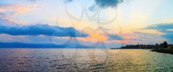 Scenic seascape panorama. Panoramic shot of the sea landscape. Sunrise over the Black sea.