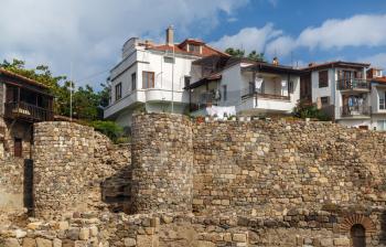 Sozopol, Bulgaria - September 03, 2014: Old town of Sozopol at Black Sea, Bulgaria. Fortress wall and towers architectural and historic complex. UNESCO world heritage site.