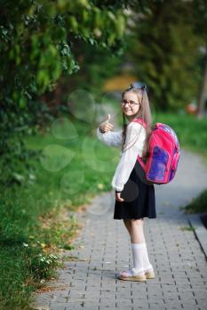 Schoolgirl with a backpack. Happy girl goes to school. Child standing and looking at camera. Vertical shot. Selective focus.