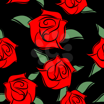 Red Roses on black background seamless pattern. Vector background of flowers with green leaves. Flower ornament for fabrics
