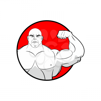 Bodybuilder with big muscles. Emblem gym. Logo for team sport athletes. Strong man shows biceps. People in  circle. Vector illustration sports