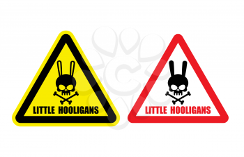 Warning, danger sign. Gently little hooligans. Vector illustration. Cute Rabbit Skull with bones