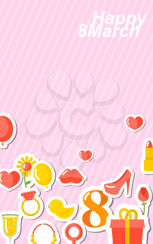 8 March banner Holiday Accessories stickers with characters in flat style. March 8 icons. International women's Day celebration concept. Glass of champagne and a necklace. Shoes and lips. Rose and lip