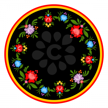 Gorodets painting plate. Russian national folk craft. Elements of tradiional painting in Russia. Flowers on black background