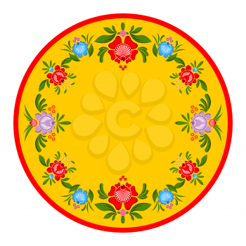 Gorodets painting plate. Russian national folk craft. Elements of tradiional painting in Russia. Flowers on yellow background