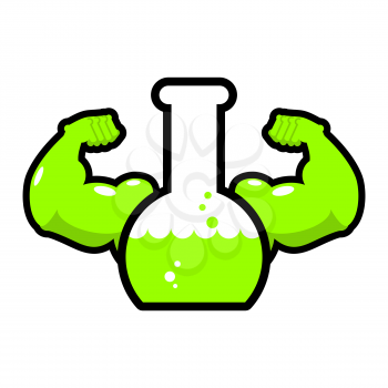 Green powerful mutagen. Strong chemical flask. Beaker with muscles. Liquid anabolics with big hands. fluid Steroids for bodybuilding