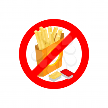 Stop French fries. Ban fatty fast food. Sliced ​​potatoes in paper box. Emblem against food. Red prohibition sign. Prohibited noxious meal


