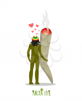 Rasta life. Rastaman and joint or spliff holding hands. Man and smoking drug. Marijuana Lovers. Romantic illustration hemp
