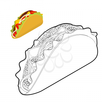 Taco coloring book. Traditional Mexican food in linear style. Tortilla chips and onion. Tomato and fresh meat
