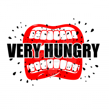 Very hungry. Open mouth with his lips. Logo for empty. Man chewing food
