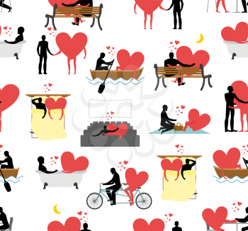 Lovers set of silhouettes seamless pattern. Heart and ornament person. Man and heart in movie theater. Romantic texture. Lovers in bath. Romantic rendezvous boating. Joint walk. Cycling tandem. Love i