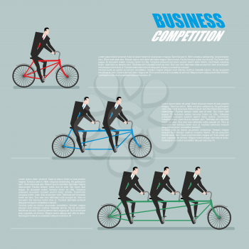 Business competition. Managers on bike. Business team goes on tandem. Infographics about corporate work. Joint cycling

